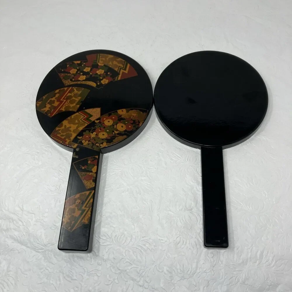 VTG Otagiri Nesting Double Hand Mirror Handles Black Lacquer 11” Diameter  Japan